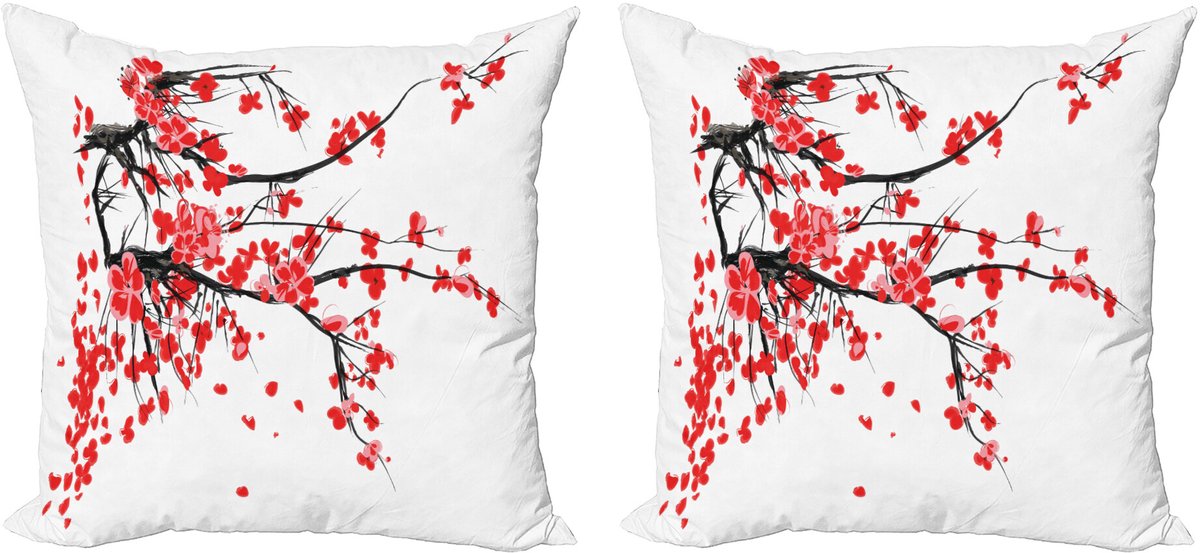 ABAKUHAUS Bloemen Sierkussenhoes Set van 2, Japanische Lente-Blüte, Modern Accent Dubbelzijdige Digitale Print, 45x45, Zinnoberrot Wit Bruin