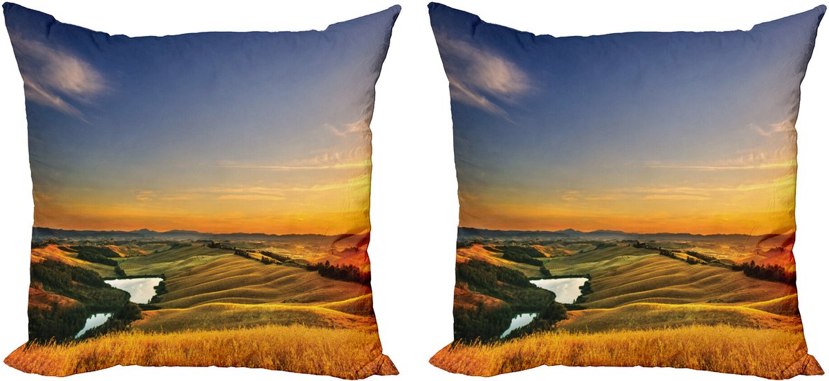 ABAKUHAUS Landschap Sierkussenhoes Set van 2, Mittelmeer-Tal, Modern Accent Dubbelzijdige Digitale Print, 40x40, Blauw Geel Groen