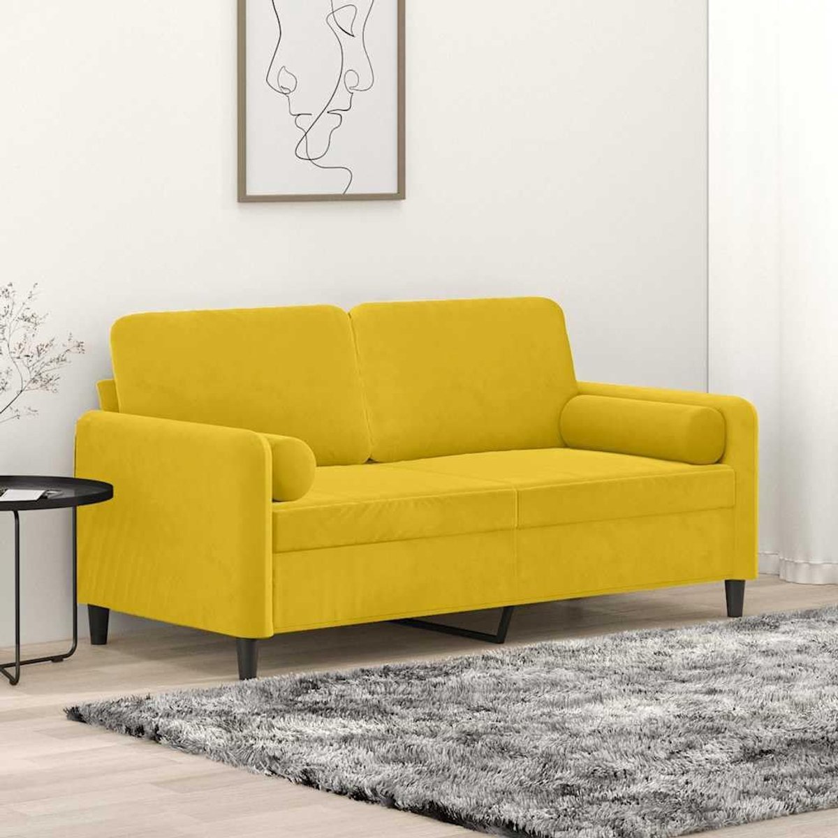 2-zitsbank met sierkussen, geel, 140 cm, fluweel, modern design, metalen frame, afneembare hoezen