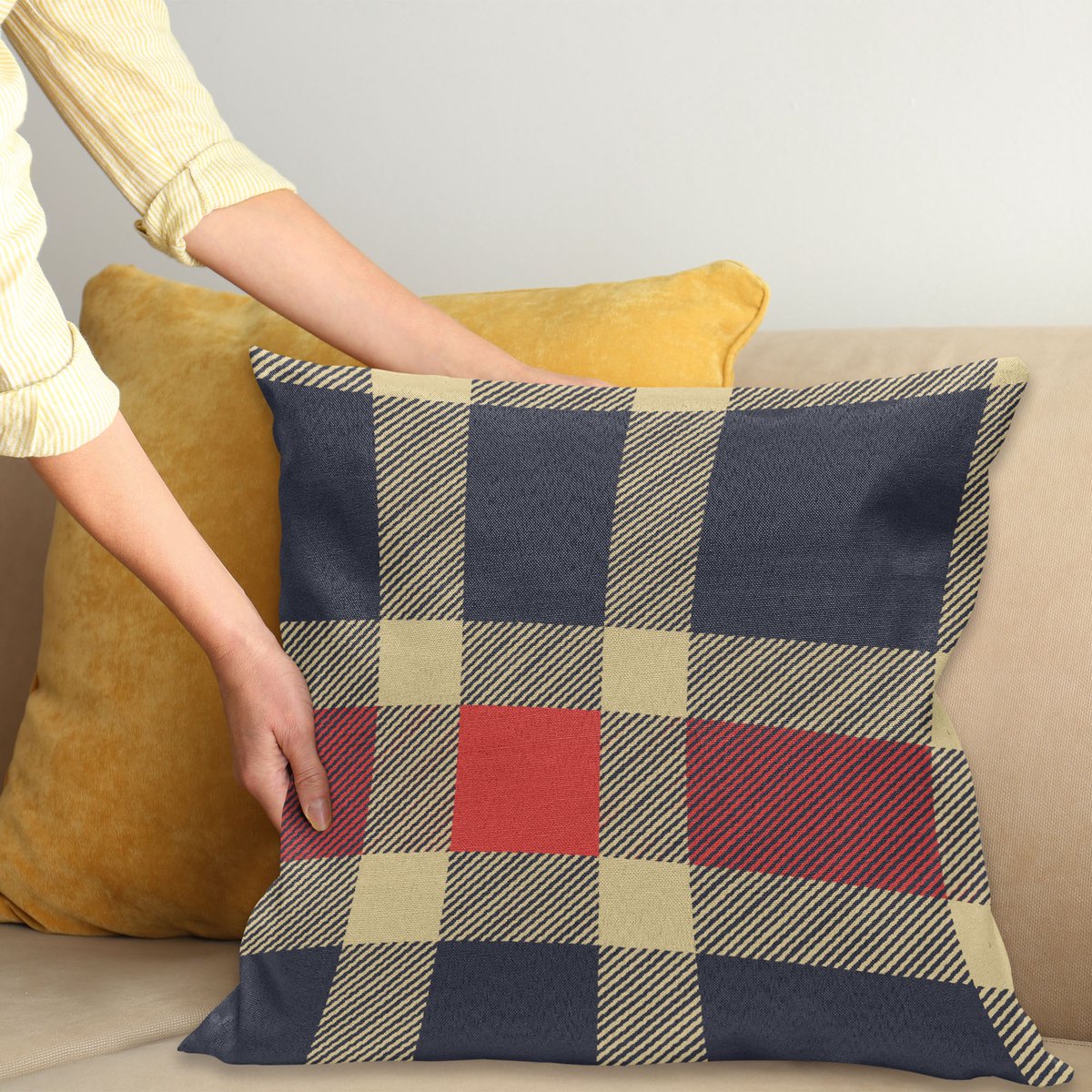 ABAKUHAUS Kariert Kussenhoes, Vintage Plaid-Lijnen, Water- en Vuilafstotende Stof met Digitale Print voor Binnen en Buiten, 40 x 40 cm, Donkerblauw Koraal Crème