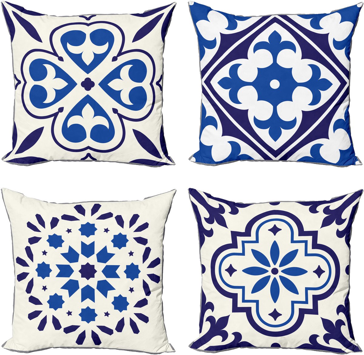 ABAKUHAUS Etnisch Sierkussen Kussenhoes 4er Set, Vintage Marokkanische Mozaïek Kunst Modern Accent Dubbelzijdige Digitale Print, 40 cm x 40 cm, Ivoor Indigo en Kobaltblau