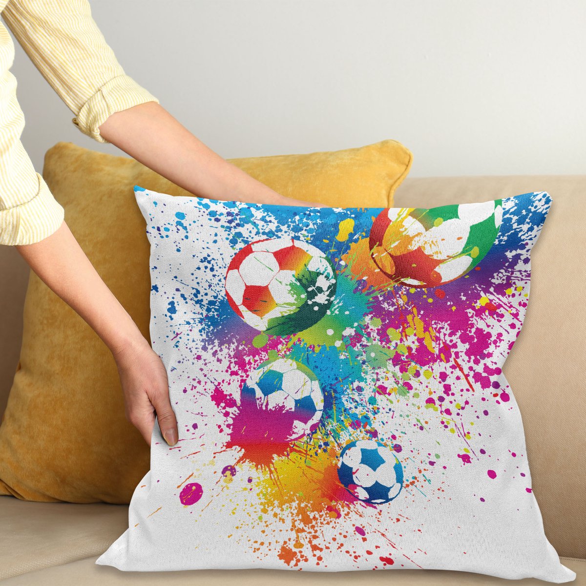 ABAKUHAUS Voetbal Kussenhoes, Bunter Spritzer Ball, Dubbelzijdige Digitale Print met Ritssluiting, Kleurecht, Onderhoudsvriendelijk en Wasbaar, 40 x 40 cm, Meerkleurig