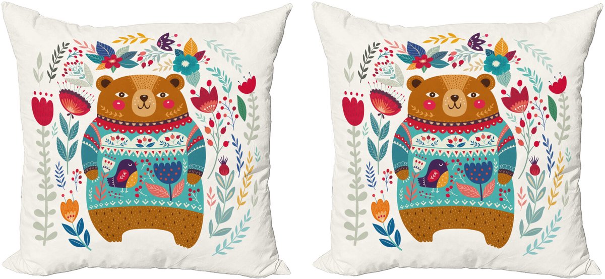 ABAKUHAUS Beer Sierkussenhoes Set van 2, Cartoon Bloemen, Modern Accent Dubbelzijdige Digitale Print, 45x45, Meerkleurig