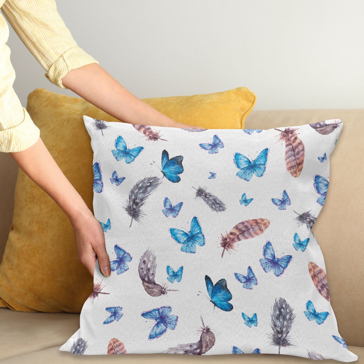 ABAKUHAUS Vintage Kussenhoes, Federn en Vlinder, Van Kleurechte Wasbare Stof, Dubbelzijdige Print met Stevige Ritssluiting, 40 x 40 cm, Wit Blauw Grijs