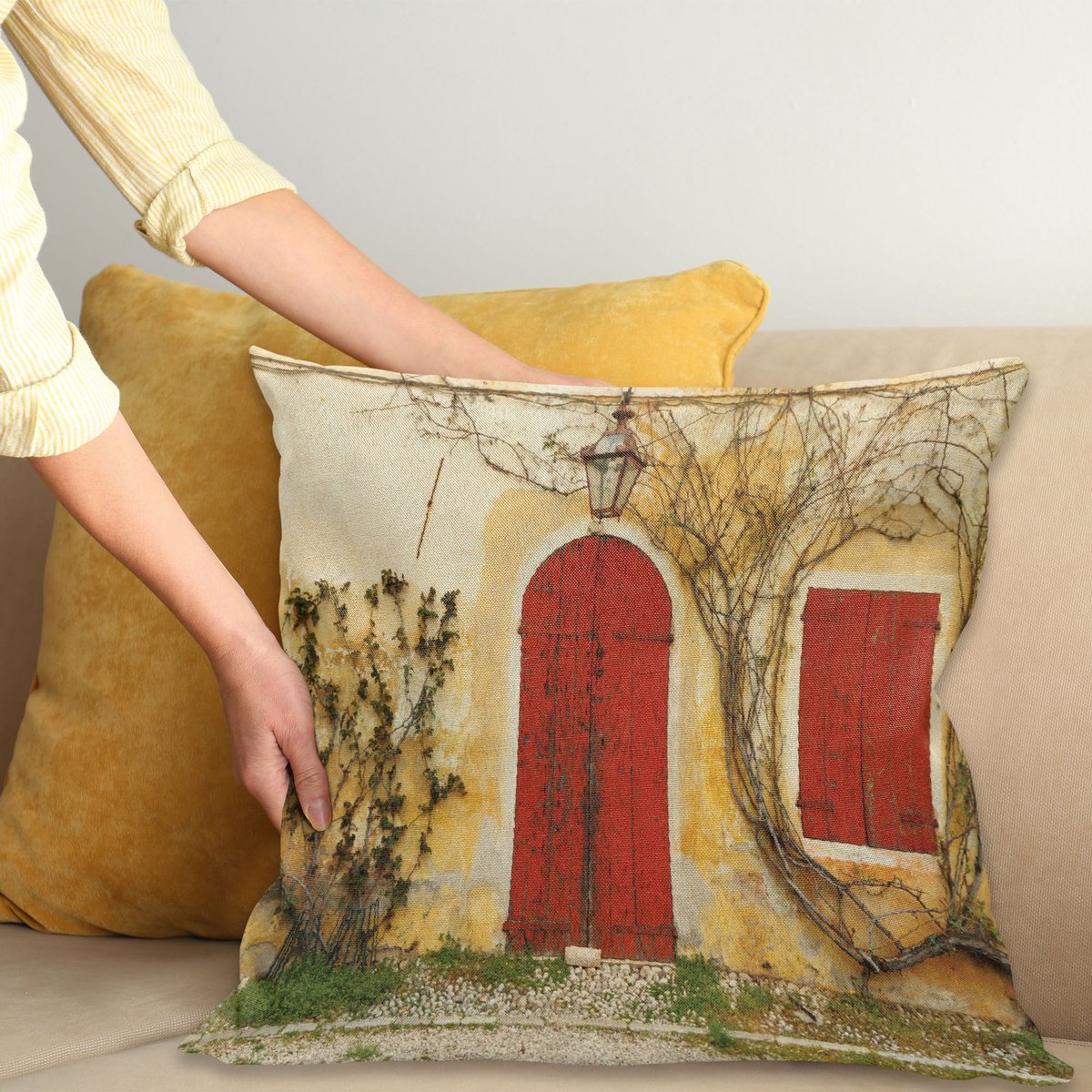 ABAKUHAUS Rustikal Kussenhoes, Im Alter van Türen Tuscan Haus, Kussenhoes met Dubbelzijdig Patroon, Heldere Digitale Print, Kleurecht, met Ritssluiting, 40 x 40 cm, Beige Geel Rood