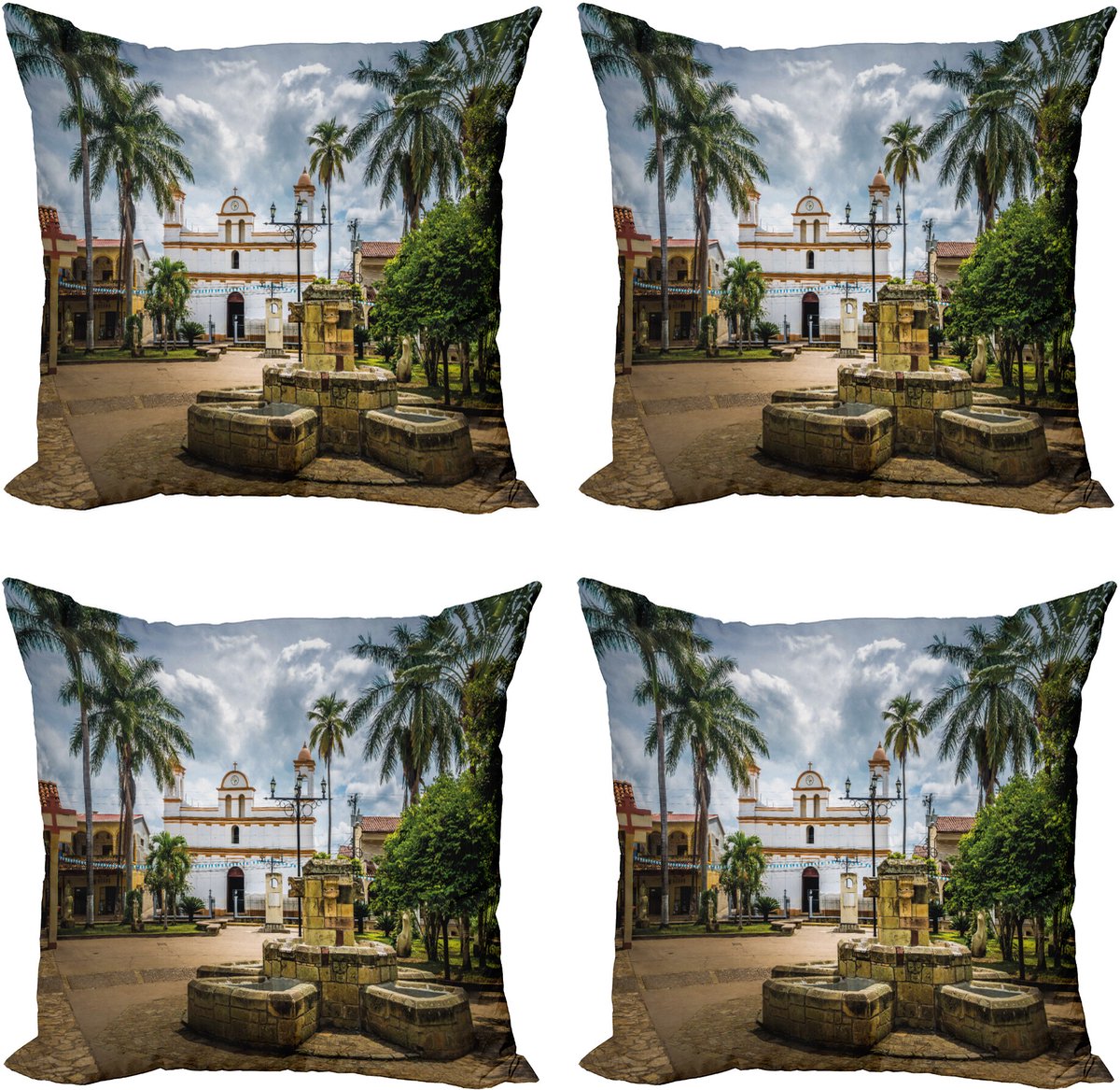 ABAKUHAUS Reise Sierkussen Kussenhoes 4er Set, Maya-Stad met Palmen, Modern Accent Dubbelzijdige Digitale Print, 40 x 40 cm, Meerkleurig
