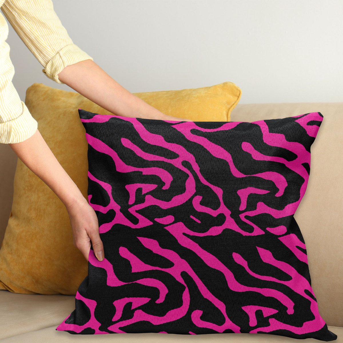 ABAKUHAUS Roze Zebra Kussenhoes, Exotische Safari-Strepen, Wasbare Kussenhoes met Ritssluiting, Kleurechte Heldere Kleuren en Dubbelzijdige Print, 40 x 40 cm, Magenta Zwart
