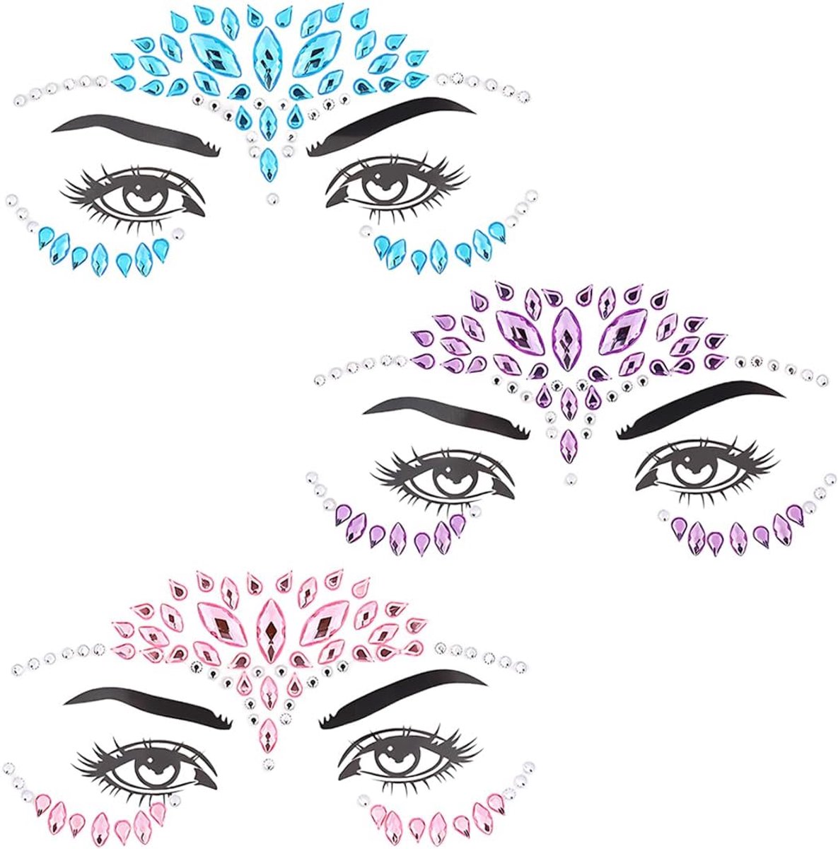 Tijdelijke tatoeages, glitter, sierstenen, strass, gezicht, sieraden, kristallen, strasssteentjes voor muziekcarnaval, feest, glitterstenen, festivalaccessoires, 3 stuks