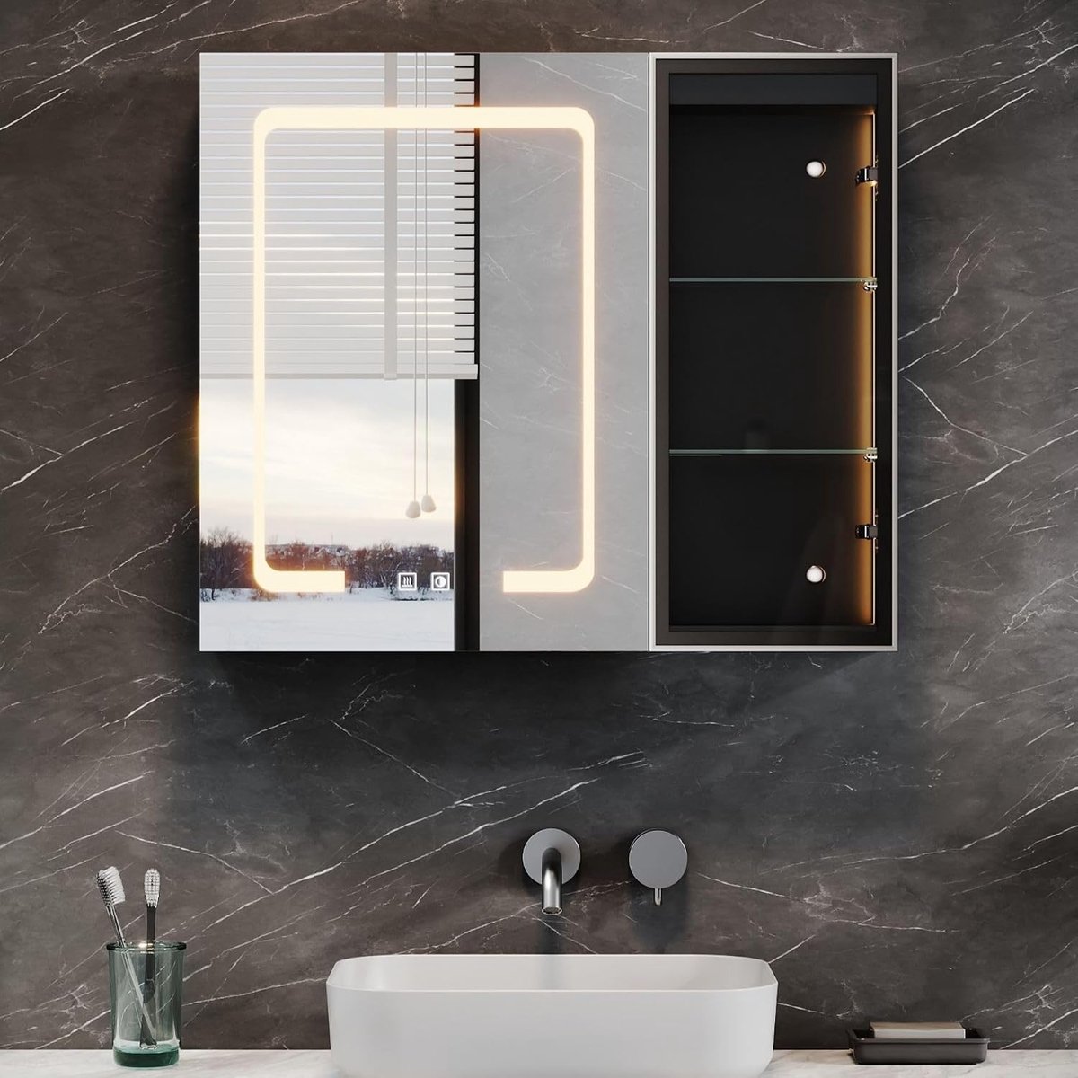Spiegelkast badkamer 60x70cm met verlichting en glazen plank zwart