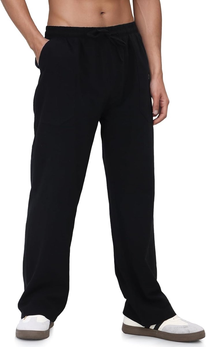 Effen linnen broek voor heren, lichte en casual zomerbroek van katoen, geschikt voor vakantie op het strand en voor dagelijks gebruik, met trekkoord en zakken