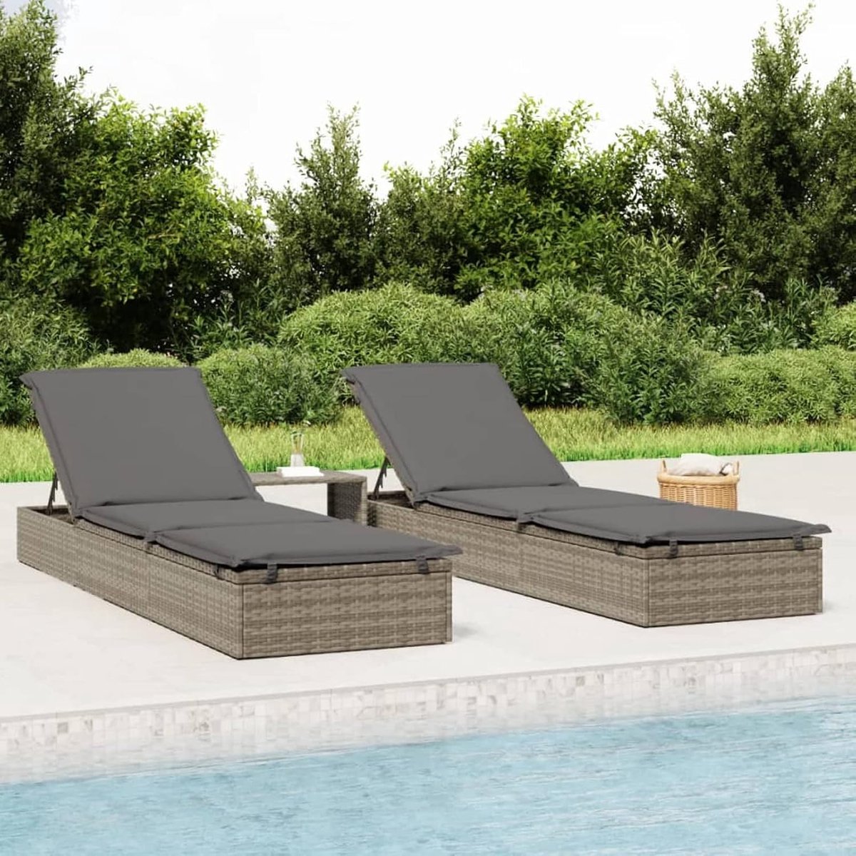 Zonneligstoel met kussen grijs 201 x 55 x 62 cm van polyrotan, tuinmeubelen, tuinmeubelen en tuinstoelen, ligstoelen-319631