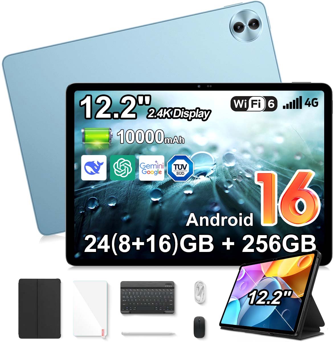 Tablet Blackview Mega 5 - 12,2 inch 2,4K IPS 120 Hz - Android 16 - 24 GB (8+16) RAM, 256 GB ROM - 10000 mAh 55W - WiFi 6 - 1080P Widevine L1 - Blauw