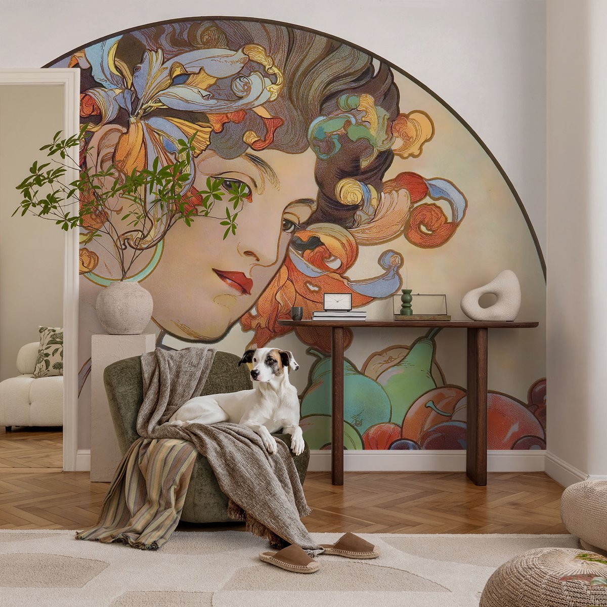 Coloray Vliesbehang - Beige Snellijm Behang - 104x70 cm - Kleurrijke Art Nouveau Fotobehang Vlies - Woonkamer behang Deel - Muurschildering - Hal behang