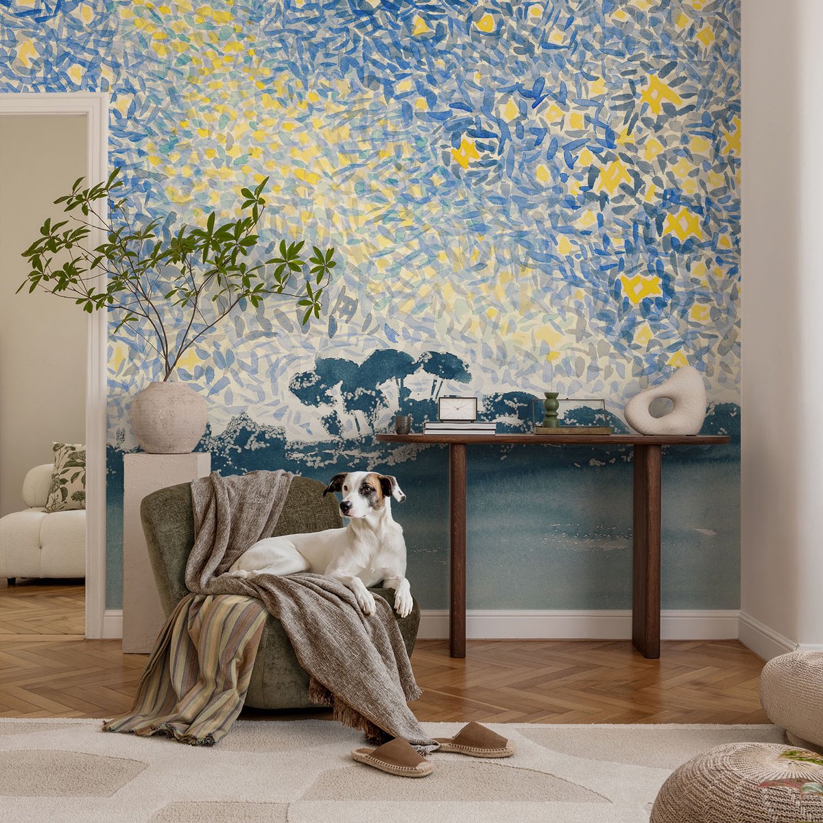 Coloray Vliesbehang - Blauw Snellijm Behang - 104x70 cm - Sterabstractie Fotobehang Vlies - Woonkamer behang Landschappen - Muurschildering - Hal behang