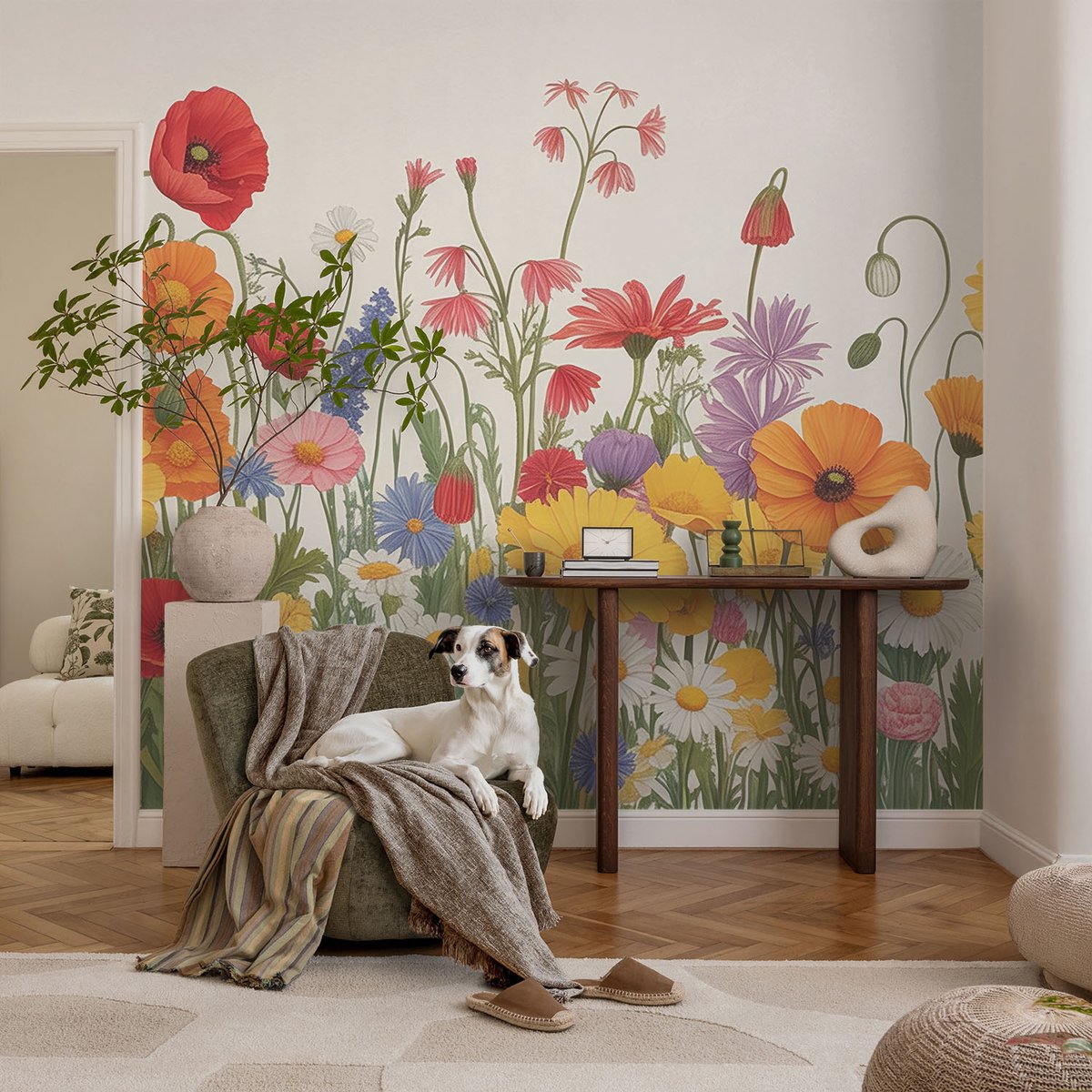 Coloray Vliesbehang - Geel Snellijm Behang - 104x70 cm - Bloemenweide Fotobehang Vlies - Hal behang Bloemen En Planten - Muurschildering - Hal behang