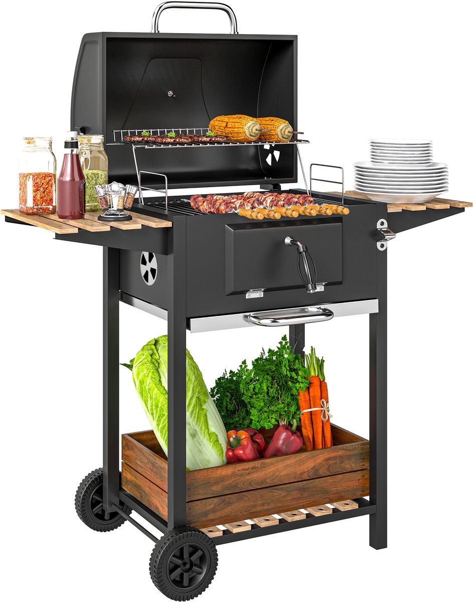 Houtskoolgrill-in hoogte verstelbare houtskoolbak-grillwagen-planken-thermometer-flesopener-staal-hout-zwart