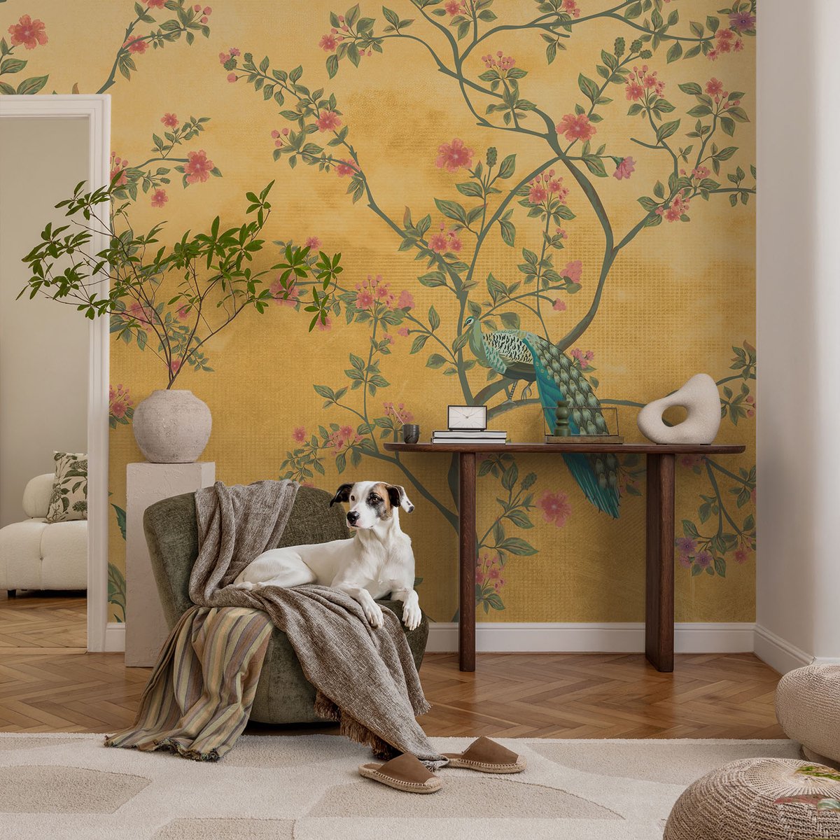 Coloray Vliesbehang - Geel Snellijm Behang - 104x70 cm - Pauwenbomen Muurschildering - Gang behang Bloemen En Planten - Fotobehang Vlies - Gang behang