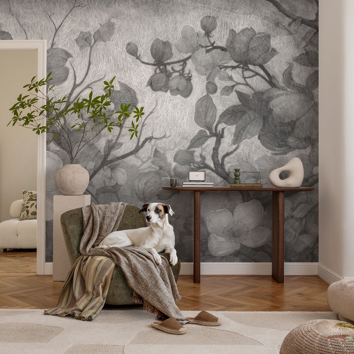 Coloray Vliesbehang - Zwart-Wit Snellijm Behang - 104x70 cm - Bloemtak Muurschildering - Slaapkamer behang Bloemen En Planten - Fotobehang Vlies - Slaapkamer behang