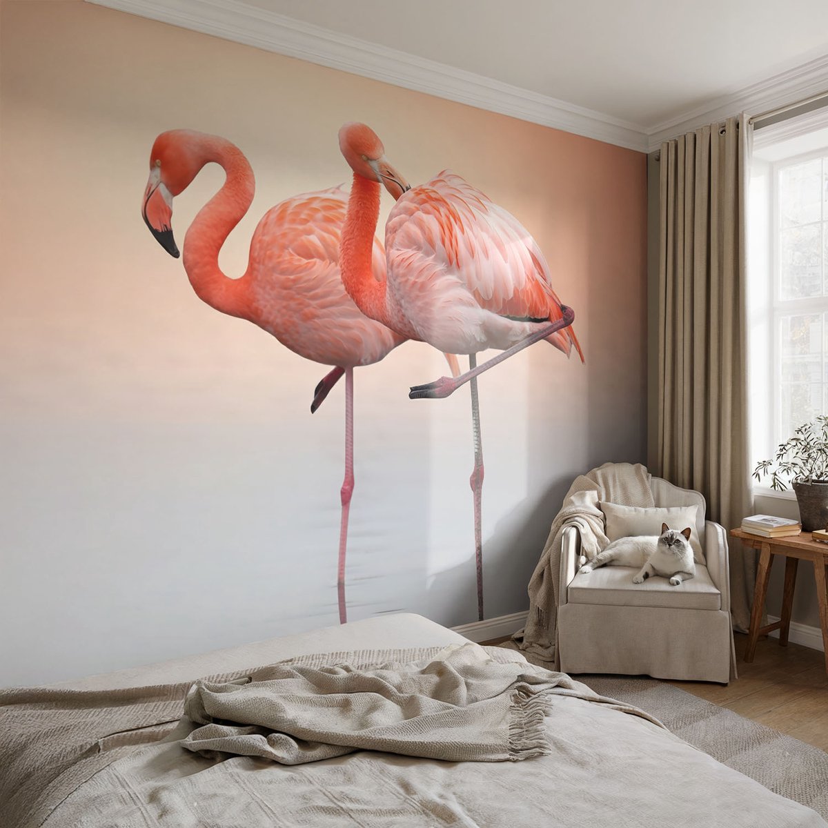 Coloray Vliesbehang - Oranje Snellijm Behang - 104x70 cm - Delicate Flamingo'S Fotobehang Vlies - Woonkamer behang Dieren - Muurschildering - Hal behang