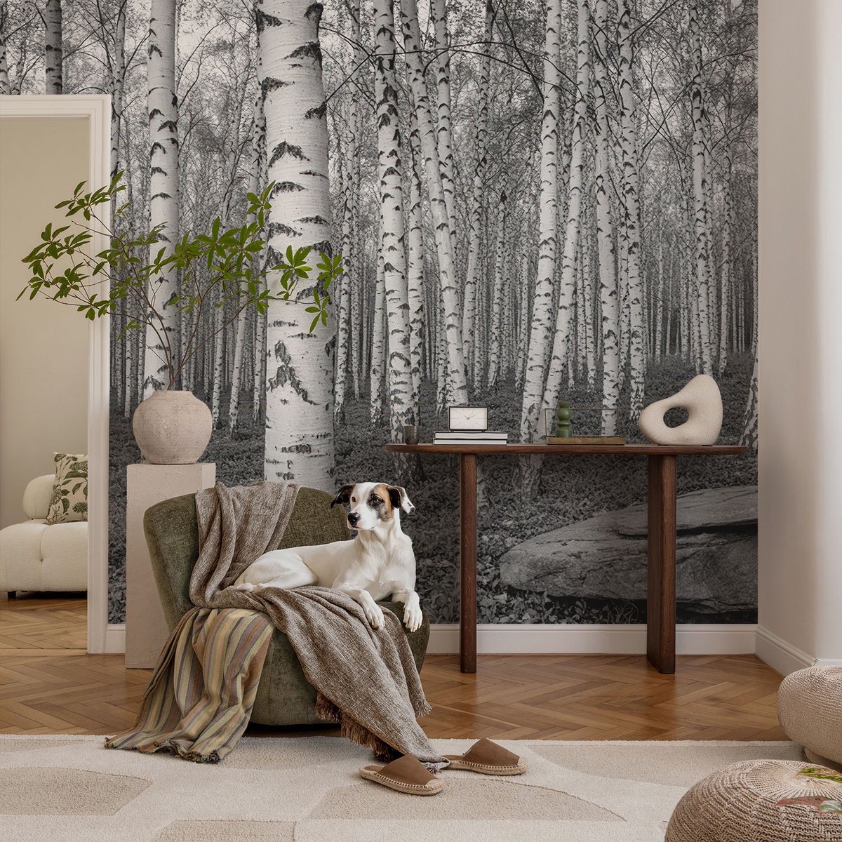 Coloray Vliesbehang - Zwart-Wit Snellijm Behang - 104x70 cm - Berkenbos Muurschildering - Slaapkamer behang Bloemen En Planten - Fotobehang Vlies - Slaapkamer behang