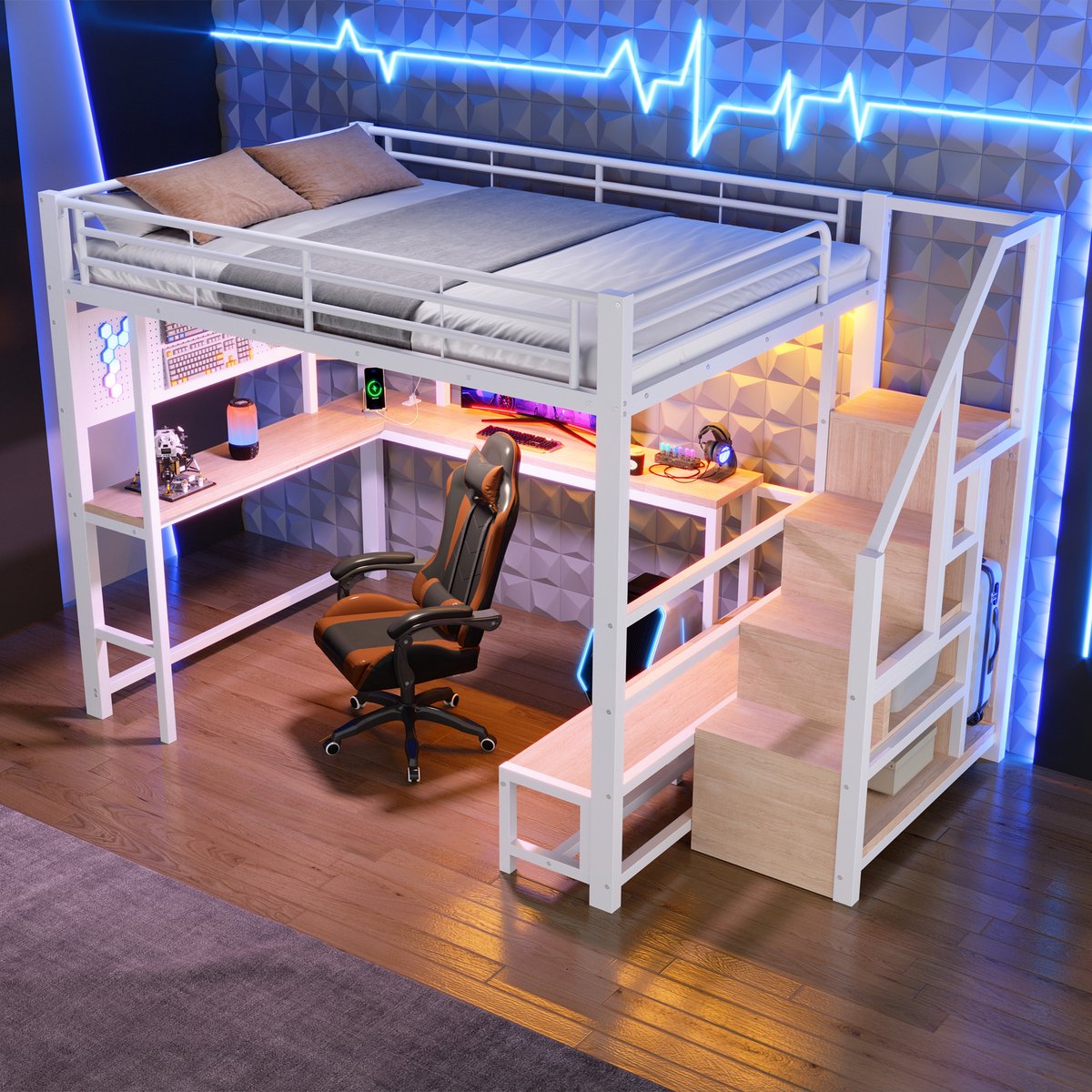 Zubaliya Metalen hoogslaper 140 x 200 cm - met bureau, opbergtrap, LED en USB-C - wit