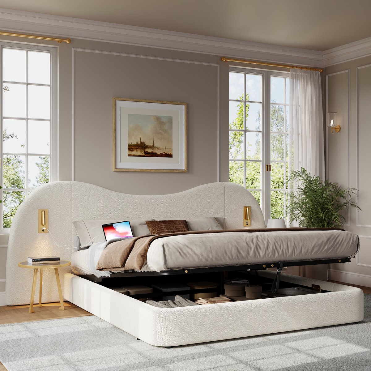 Zubaliya Gestoffeerd bed 180 x 200 cm - met opbergruimte, leeslampen en USB - wit