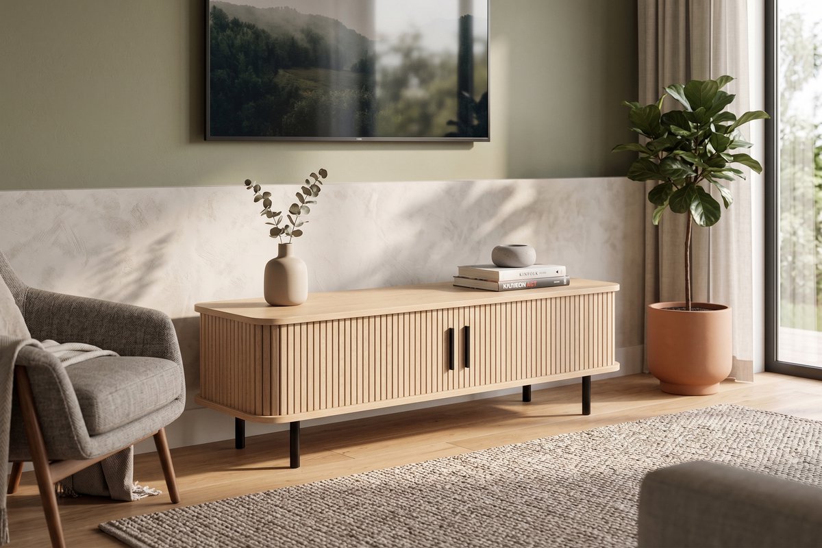 Mano Leisure Mano – TV-meubel – L 120 × B 40 × H 39 cm – Eikenhoutlook & Zwart Metaal – 100% FSC-gecertificeerd hout