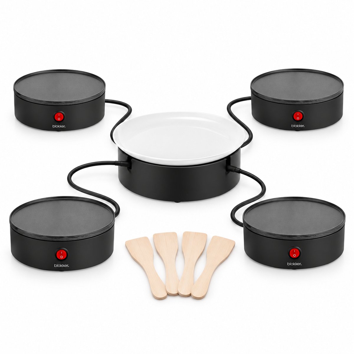 Gourmetstel voor 4 Personen - Grill & Bakplaat - inclusief Serveerschaal en 4 Spatels - Vaatwasserbestendig - PFAS-vrij - Compleet Gourmetstel - Gourmetset - Raclettegrill - Stapelbaar - 4 Individuele Bakplaten - Ø16 cm - 1200 W - Zwart