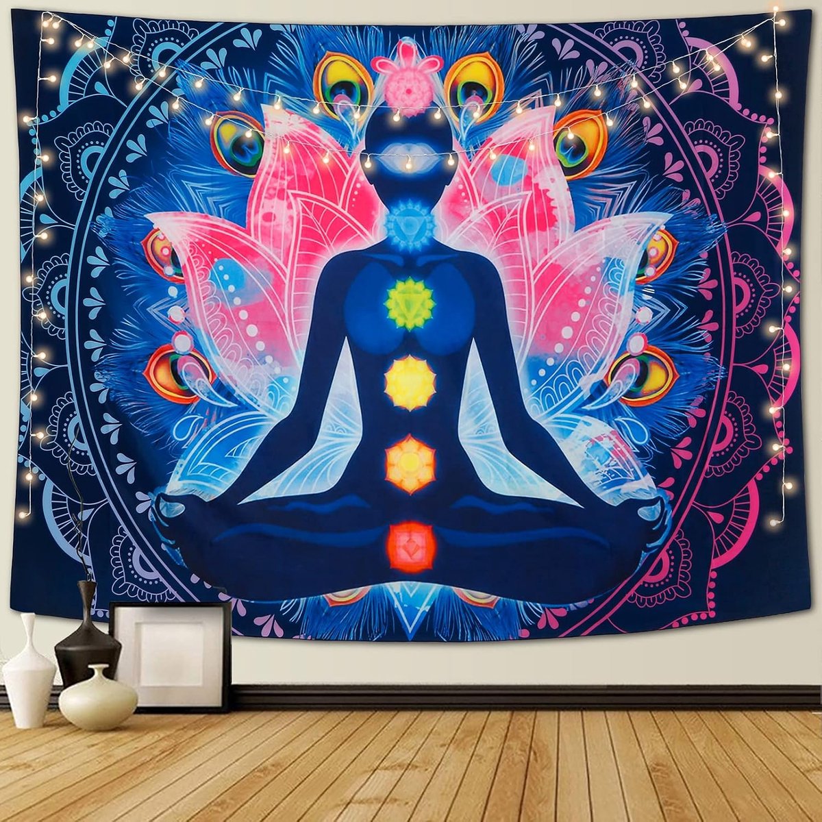 Zeven Chakra Tapijt Yoga Meditatie Tapijtwerk Muur Opknoping Kleurrijke Psychedelische Mandala Wandtapijt Indiase Hippie Tapisserie voor Woondecoratie Slaapkamer (130x150cm)