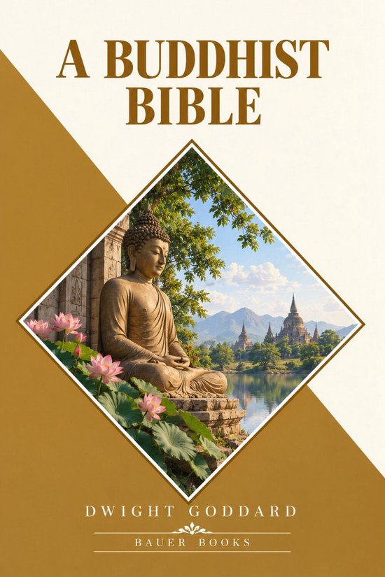 Boek kaft met de titel 'A Buddhist Bible' en een afbeelding van een Boeddhabeeld bij lotusbloemen en een meer.