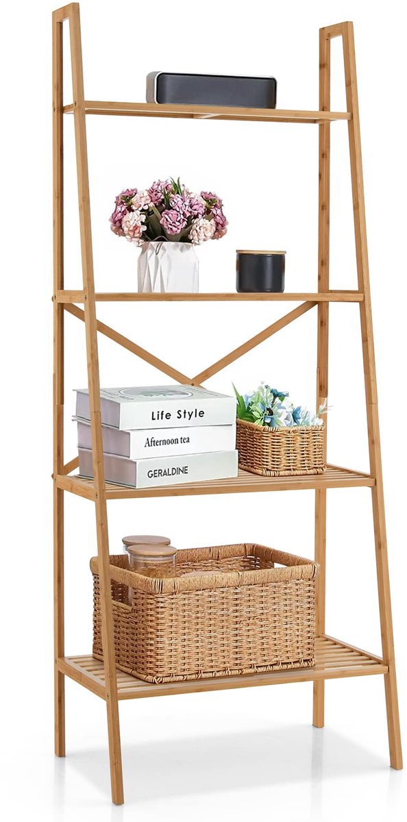 Costway Ladderrek van bamboe, 4 niveaus, boekenkast, naturel, voor thuiskantoor en woonkamer, 60 x 35,5 x 148 cm