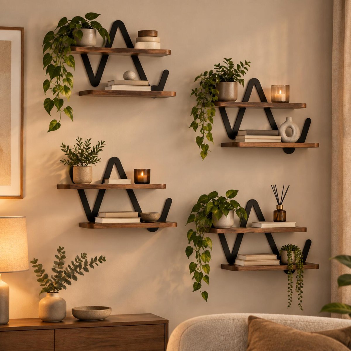Ostaria Wandrek - 4x - wandplank - hout / metaal - MDF - zwart / bruin - woonkamer/keuken