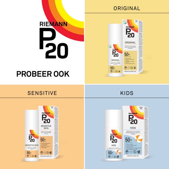 P20 original, sensitive en kids zonnebrandcrème flacons en verpakkingen.