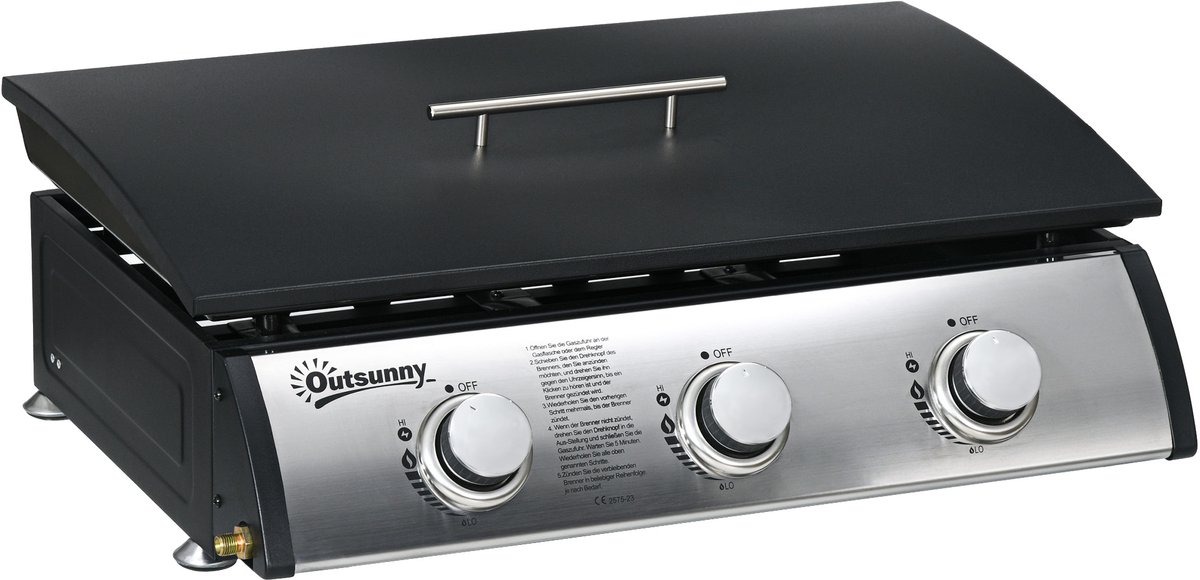Gasgrill met deksel-3 branders-vetopvangbak-antiaanbakplaat-63x47x25 cm-zwart/zilver
