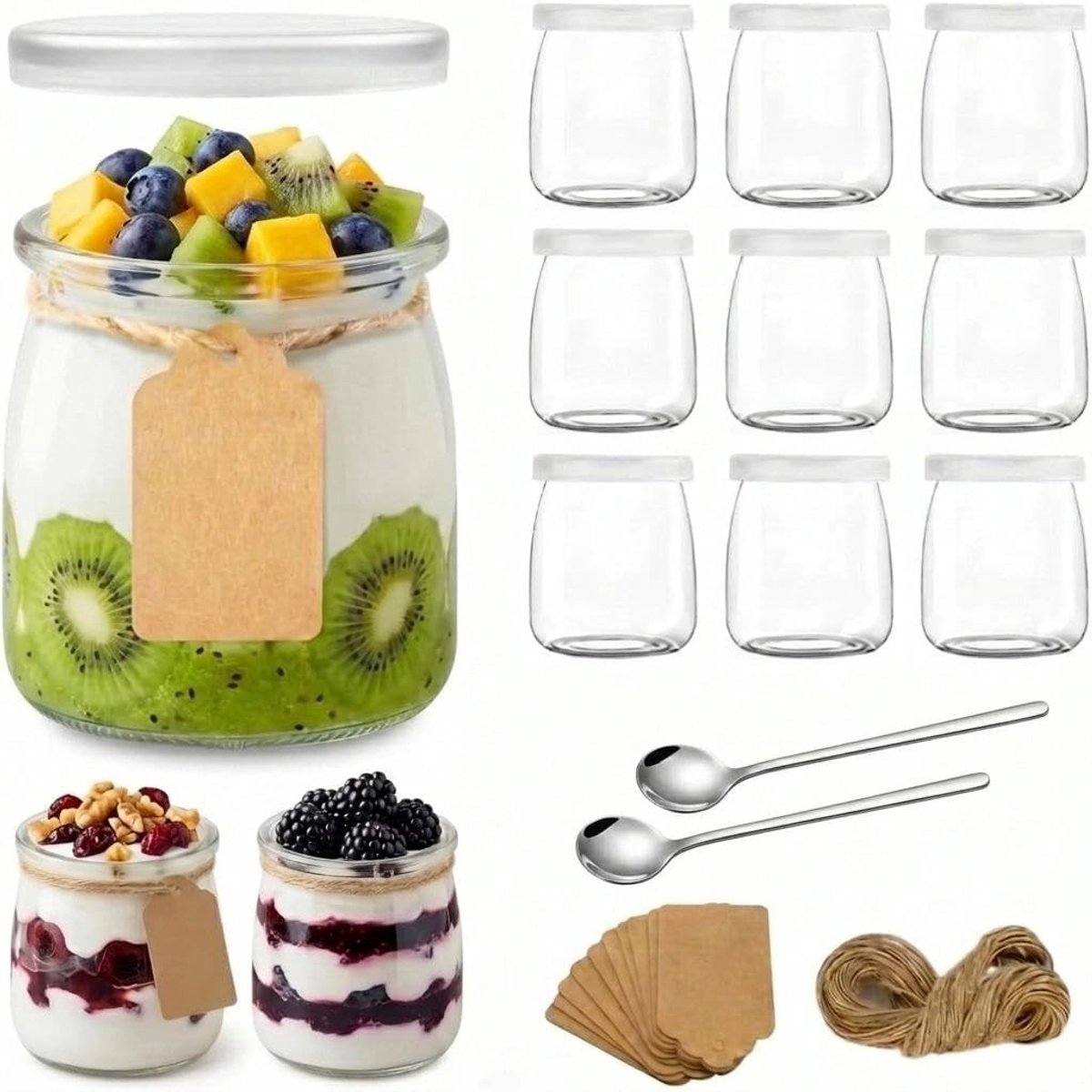 Set van 12 transparante dessertglazen met deksel en lepel, multifunctioneel voor yoghurt, pudding en jam