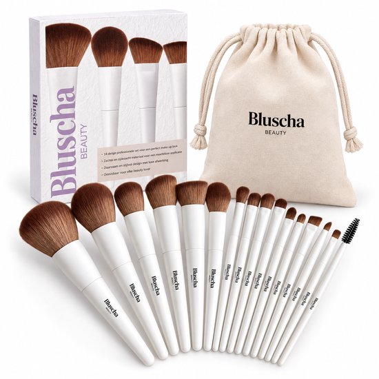 14 delige Bluscha make-up kwastenset met witte handvatten, bruine haren en een beige opbergzakje.