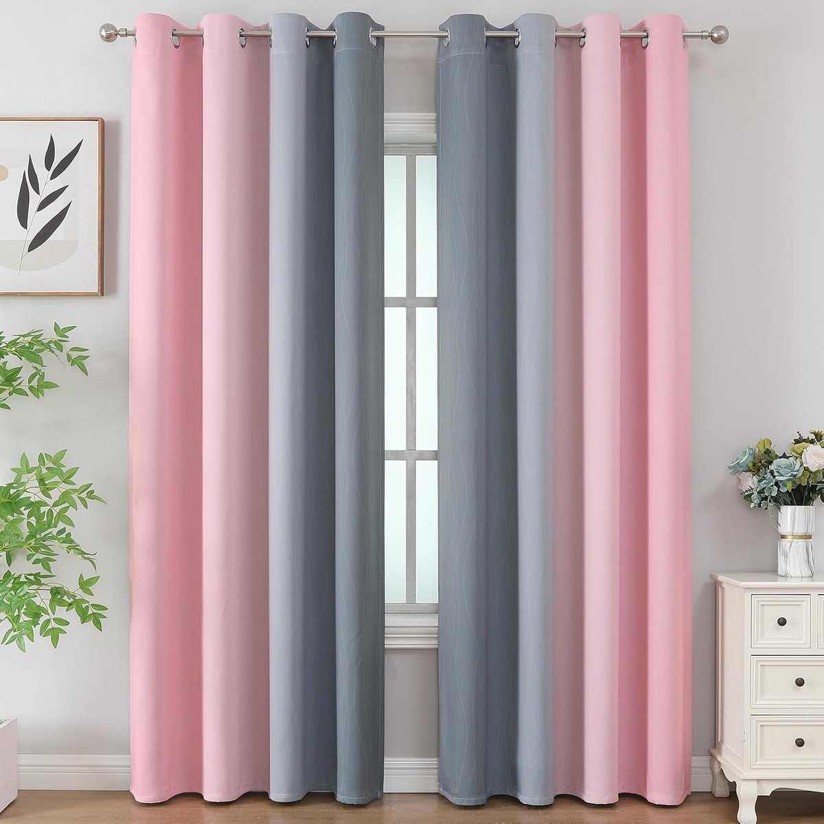 Kleurverloop ombre roze en grijs thermogordijn koudebescherming geluidsisolatie, gordijnen met ringen voor woonkamer, geluidsisolerende verduisterende gordijnen, H 244 x B 132 cm, set van 2