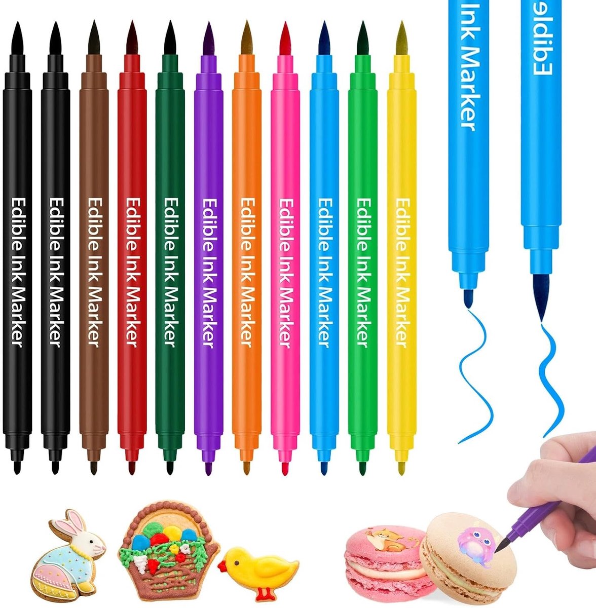 Eetbare stiften met voedingskleurstof, met een dunne en dikke punt, ideaal voor het versieren van fondant, macarons, witte chocolade, gebak en taarten (10 kleuren)