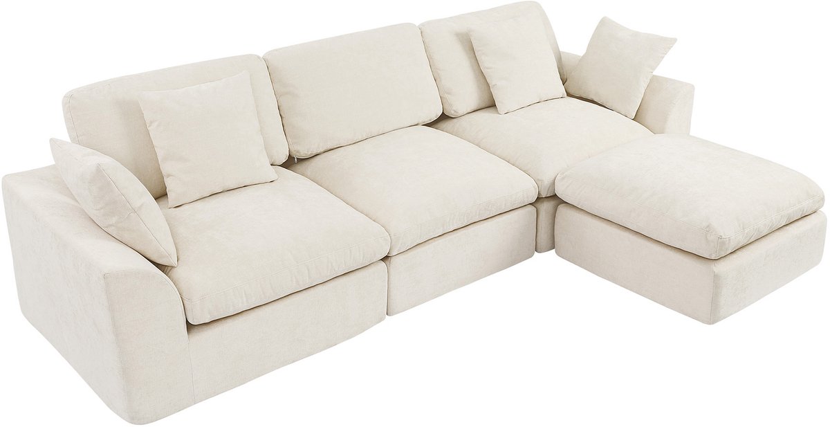 HomeMiYN Modulaire hoekbank - Crème beige hoekbank met chaise longue en voetenbank - Zachte chenille loungebank, diepe zit, flexibele modulaire bank voor woonkamer