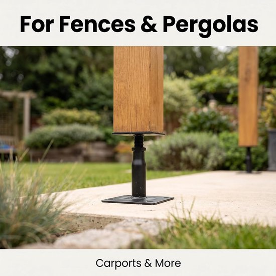 4 stuks in hoogte verstelbare paaldragers, 100-150 mm, zwarte steunvoet, verstelbare paalvoet van koolstofstaal met schroeven, paalsteun, zwart, voor hekken, carports, pergola's — afbeelding 5