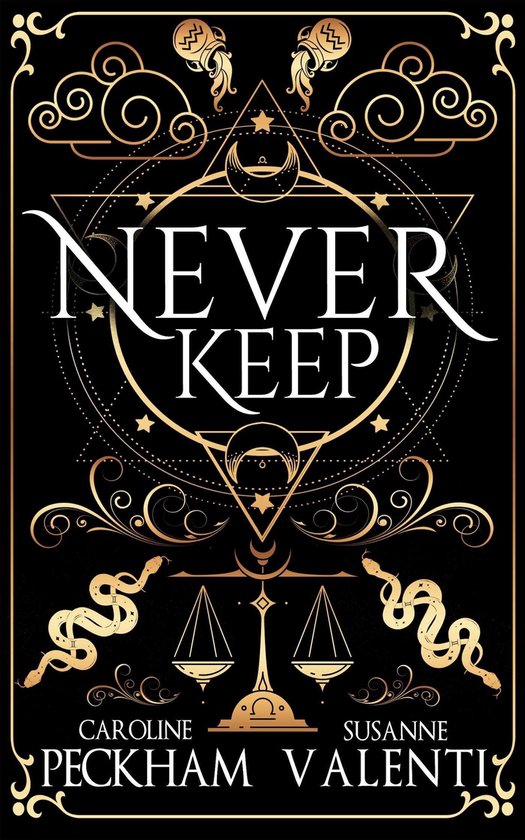 Couverture du livre "Never Keep" avec des motifs géométriques dorés et sinueux sur fond noir. Symboles de serpents et de balances. Titre: Never Keep. Auteurs: Caroline Peckham Susanne Valenti.