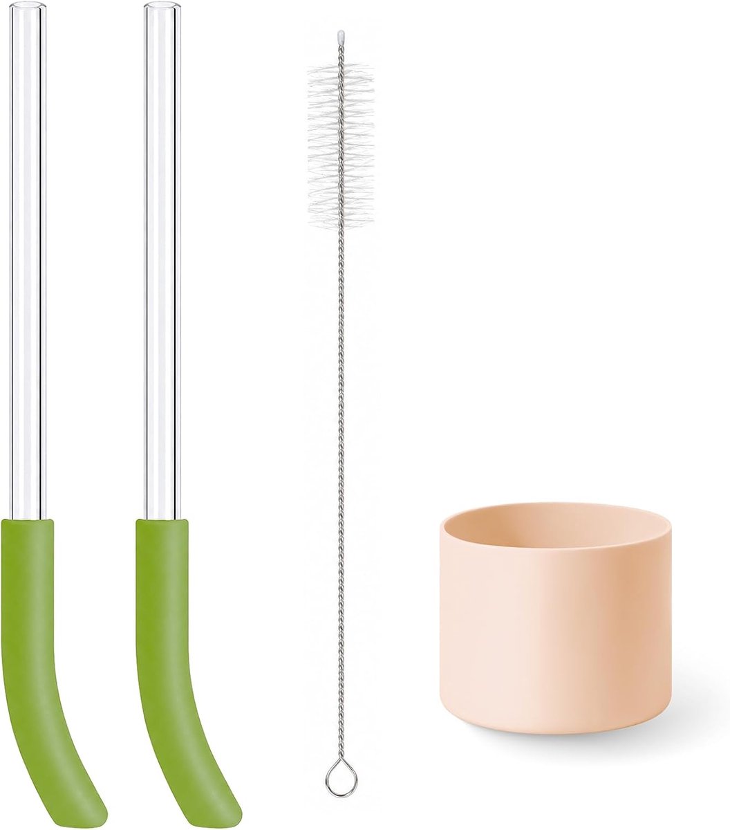 2 stuks herbruikbare rietjes voor Ninja BlendBOSS blender, 1 antislip siliconen ondermouw compatibel met Ninja 26oz reisbeker (groen/roze)