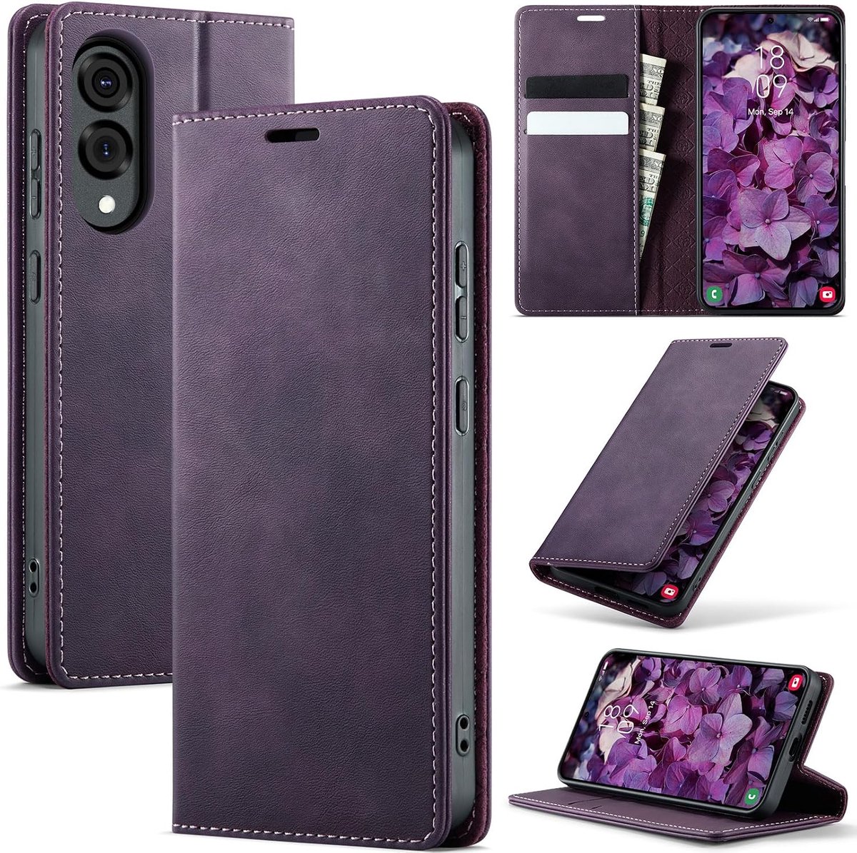 Hoesje voor Samsung Galaxy S25 Edge 5G, magnetische Flip case, opvouwbaar standfunctie Cover beschermhoes met kaartsleuf en portemonnee, leren hoes voor Samsung Galaxy S25 Edge, Paars