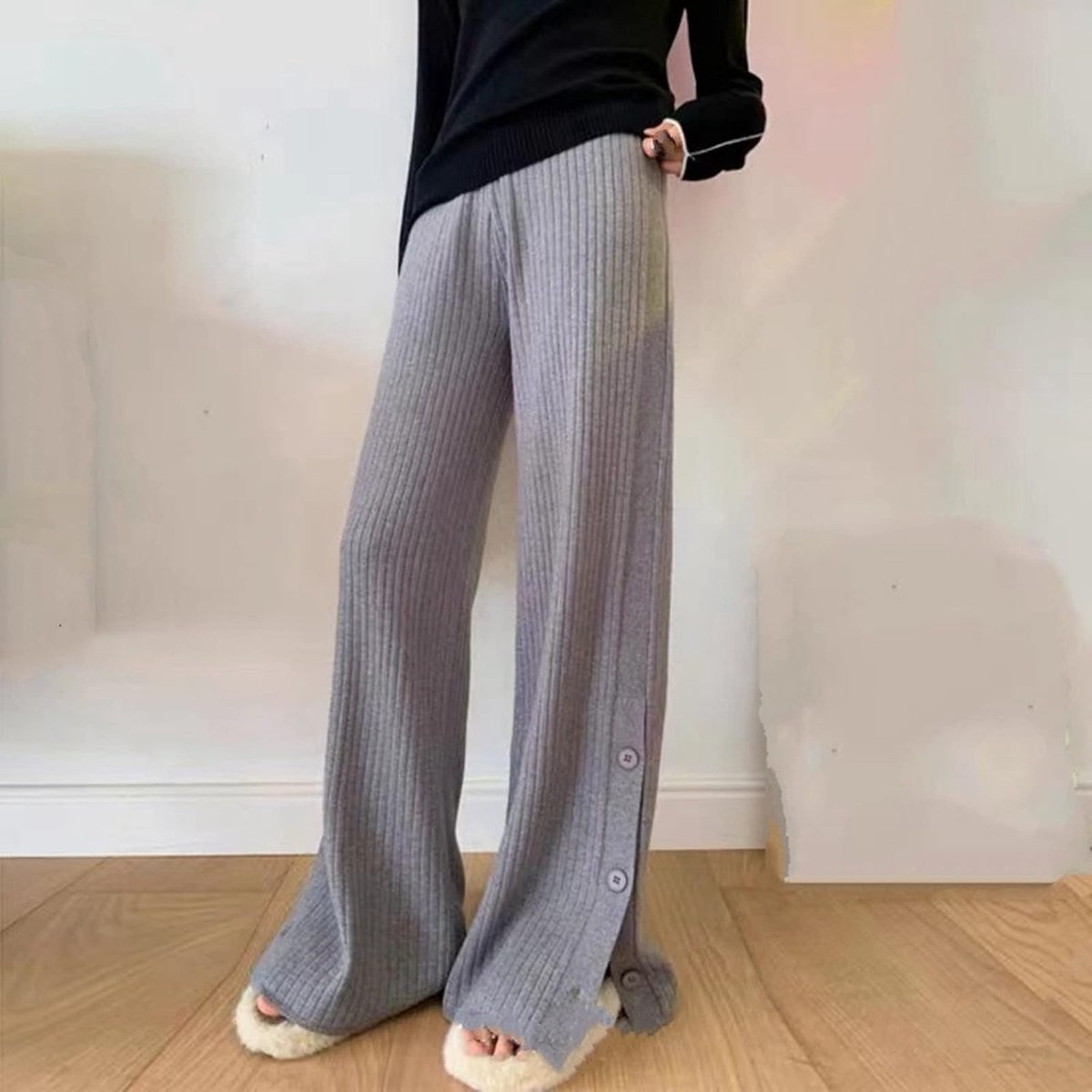 Gebreide Broek Met Wijde Pijpen - Winter Dames Rechte Pijpen Broek Verdikt Warm Stretch Modieus Zijsplit Grijs Retro Dweilbroek Met Hoge Taille Losvallend Casual Dames Kerstmis Nieuwjaar Gesc