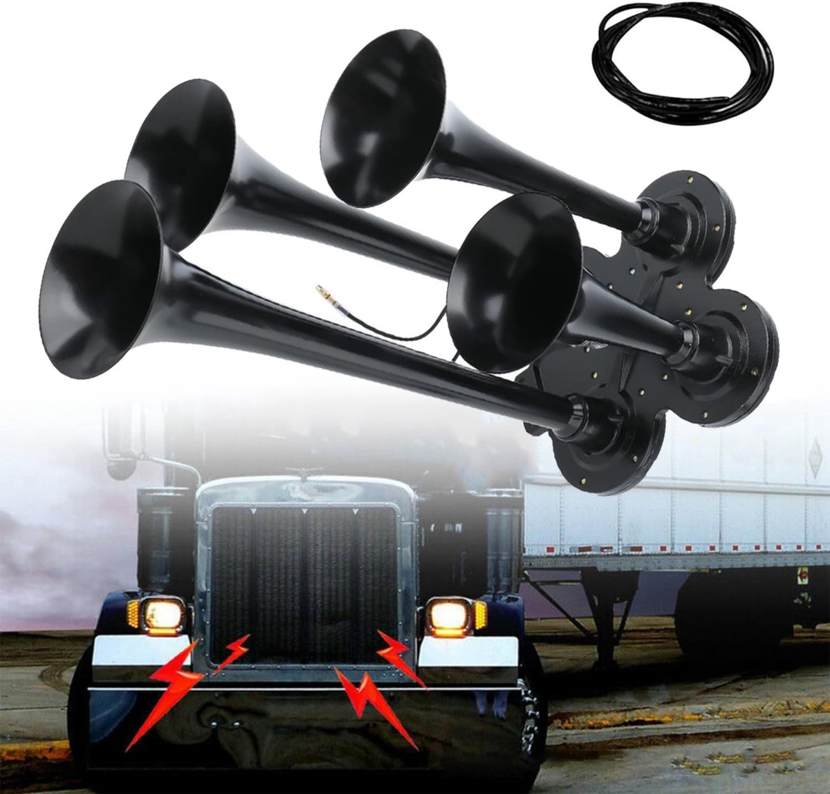 Claxon voor vrachtwagen, 12 V, trompet, tractor, 150 dB, met 4 trompetten, waterdicht, voor alle 12 V, 24 V, vrachtwagen, auto, boot, auto, zwart
