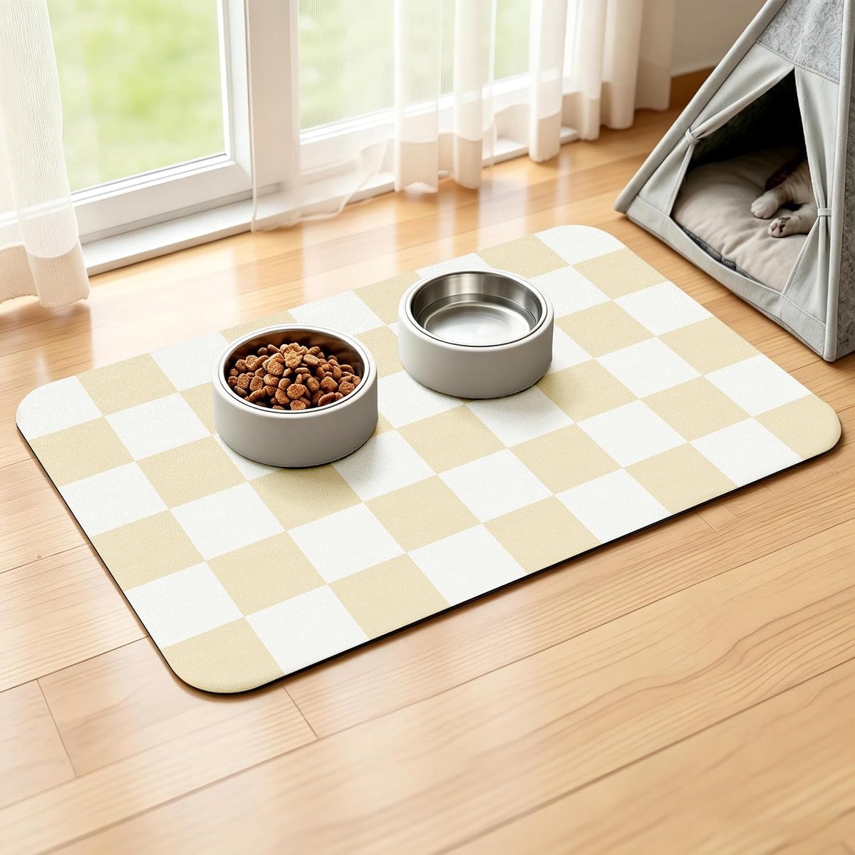 Mat, Voerbak Mat Voor Huisdieren Antislip, Absorberende Honden en kattenvoer mat, Sneldrogende Geruite Voerbak kattenvoermat Hondenbakmat (Beige, 30x50cm)