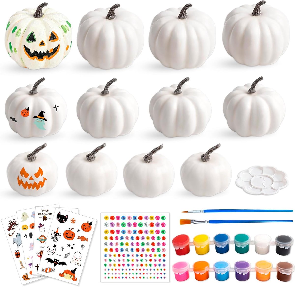 12 stuks kunstpompoen, doe-het-zelf witte plastic pompoenen versieren met kleuren, kwasten en stickers, pompoen nep schuim, mini witte pompoenen sierpompoenen voor herfst, Halloween, feest