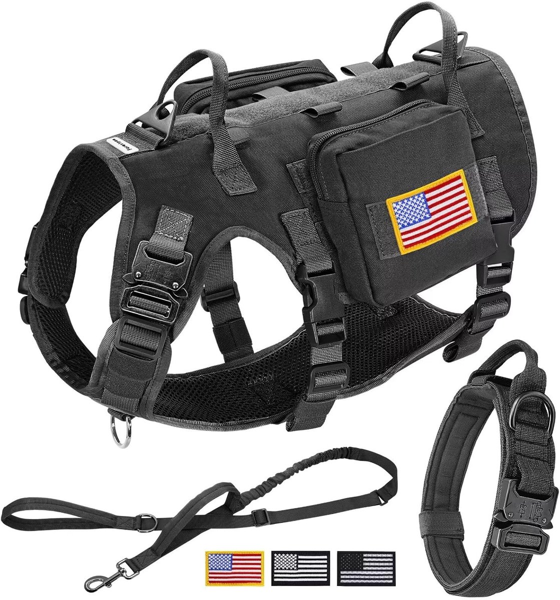 Tactisch hondenvest, harnas en eenvoudige controle, training hondenhalsband met bungee-hondenriem, set, anti-trek, militair hondenharnas met rugzak voor middelgrote en grote honden, zwart, L