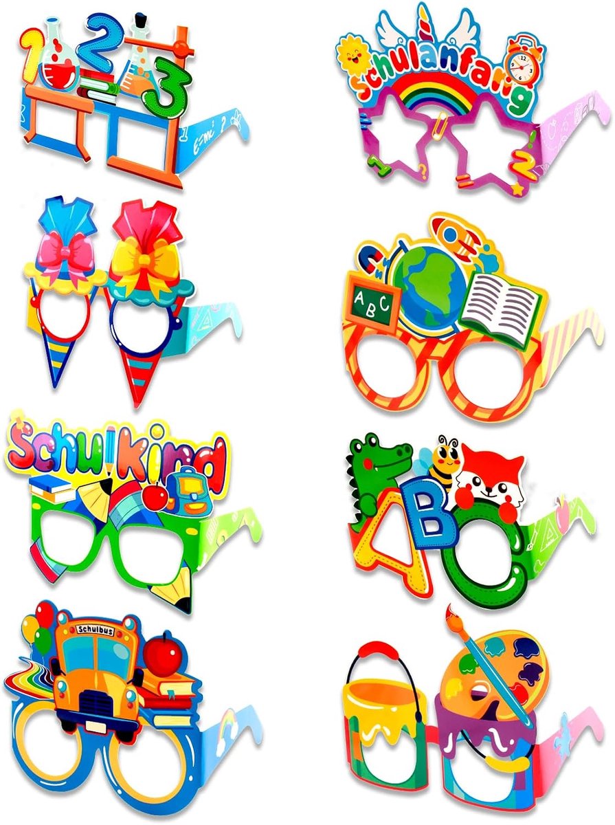 Decoratie voor eerste schooldag, 8 stuks, schoolkind, bril, eerste schooldag, decoratie, voor meisjes en jongens, feestbril, feestbril voor kinderen, feest