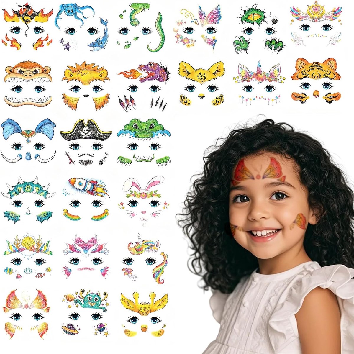 24 vellen gezichtstattoos voor kinderen, tijdelijke tatoeagestickers voor kinderen gezichtsschilderen, make-up set accessoires, verjaardagsfeesttasvullers benodigdheden decoraties